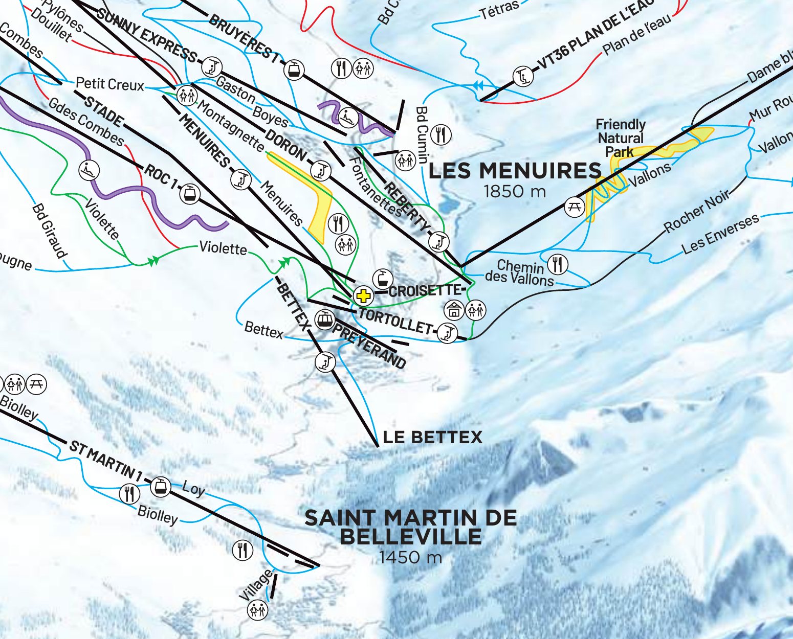 The Belleville valley on the Les 3 Vallees piste map, with Chalet Gabriel marked beside the Bettex chairlift