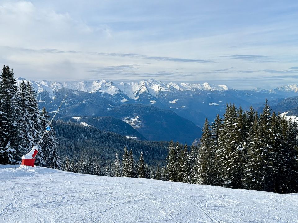 Chairlifts over the tree-line pistes above the hamlet.